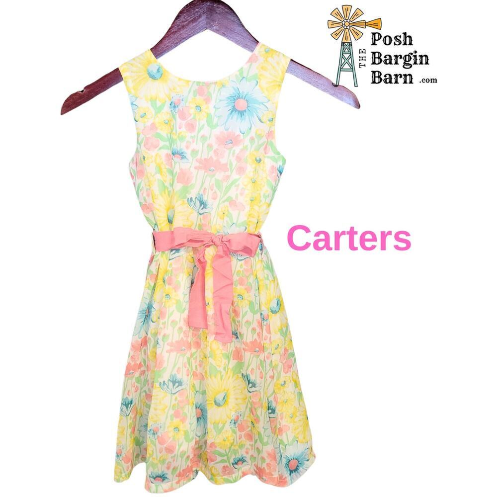 EUC Carters 7 Spring Floral Dress Yellow Belted Bow Tie Church Party